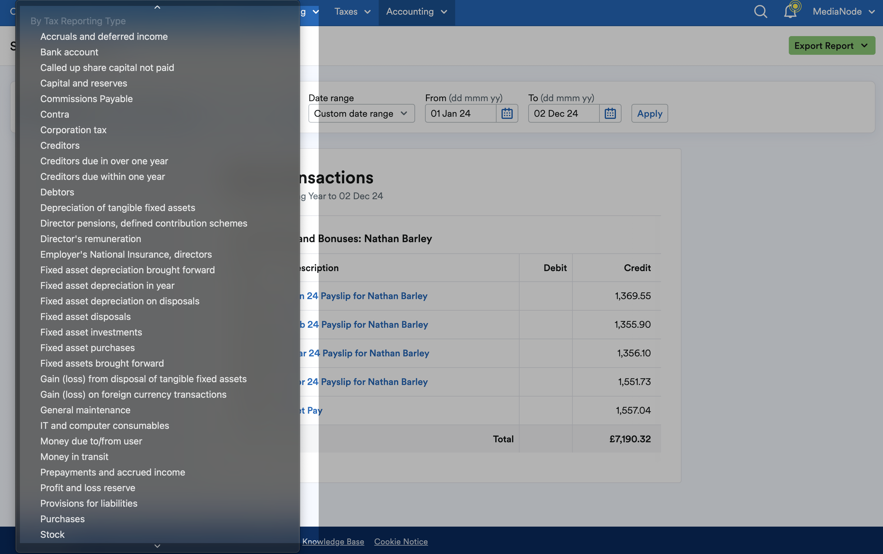 Options under 'By Tax Reporting Type' on drop down menu.