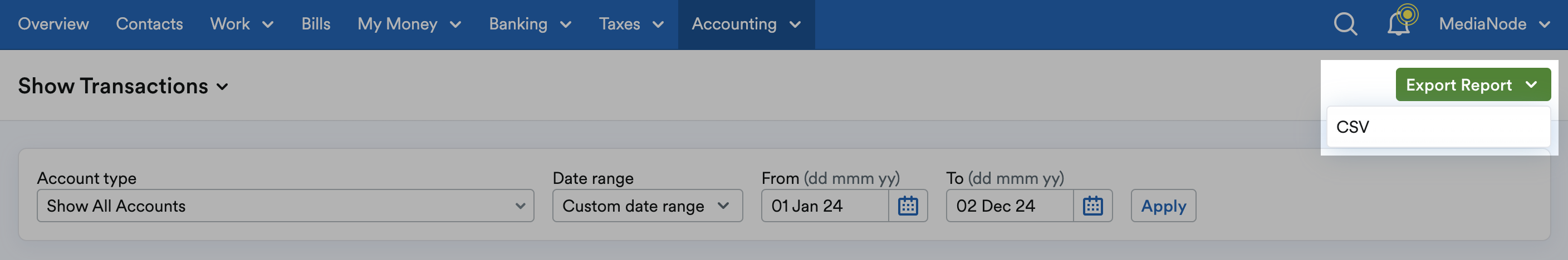 Export Report drop down menu showing CSV as the only option.