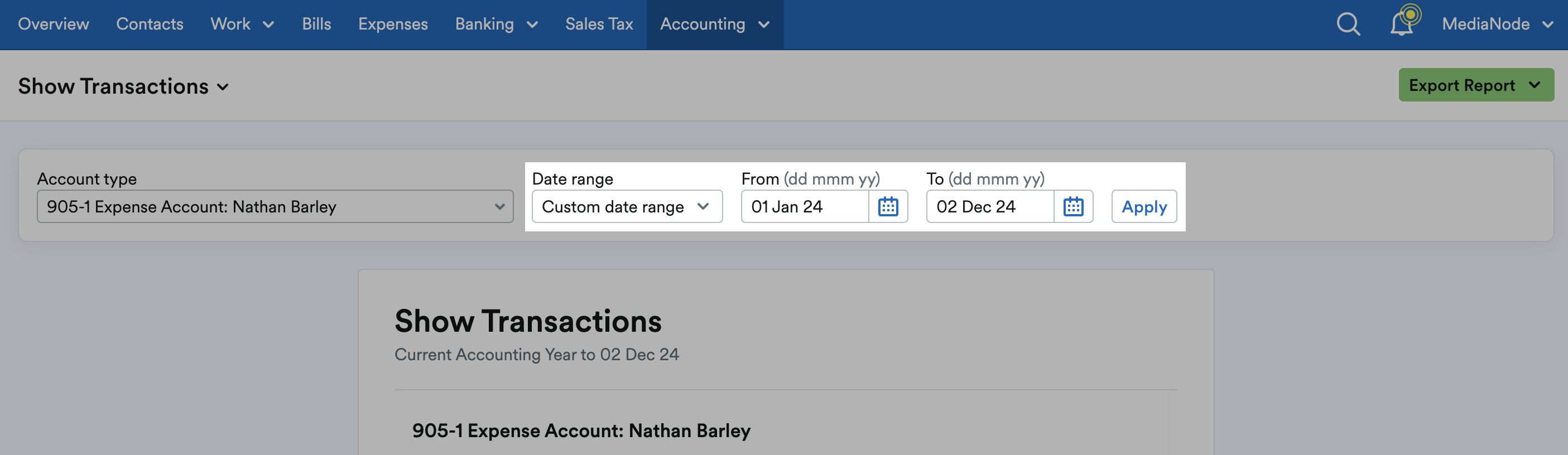 Custom dates chosen using date pickers for a custom date range.