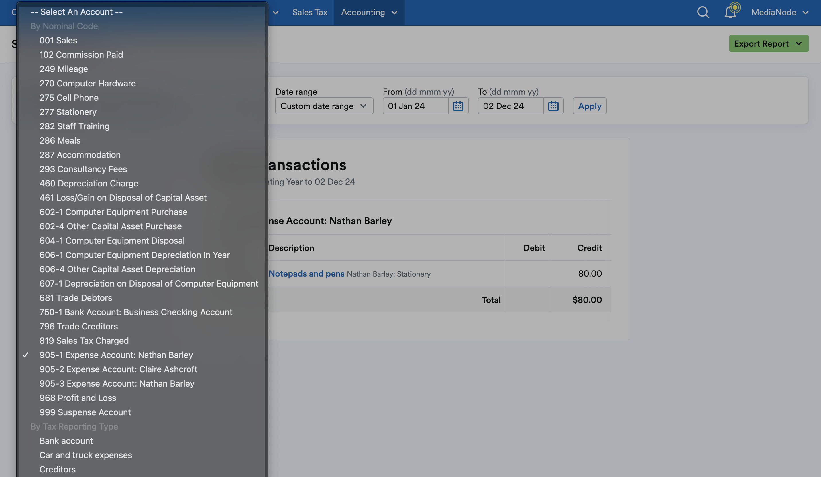 Drop down menu listing accounts by nominal code.