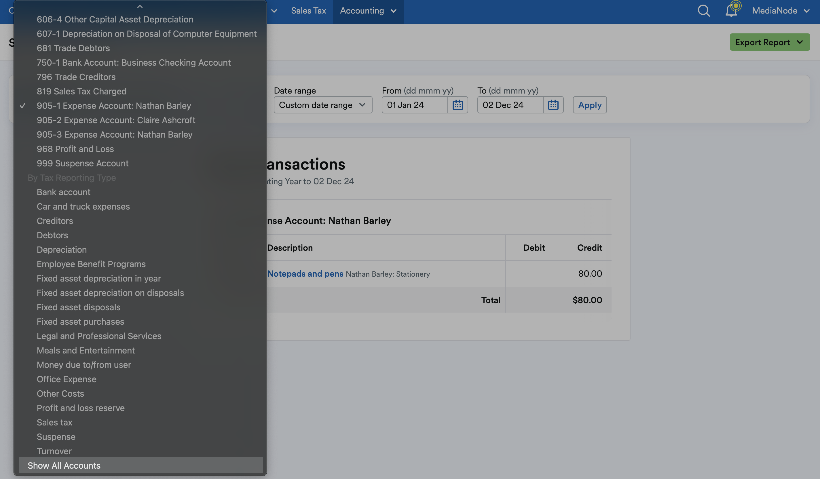 Show All Accounts highlighted at bottom of drop down menu.