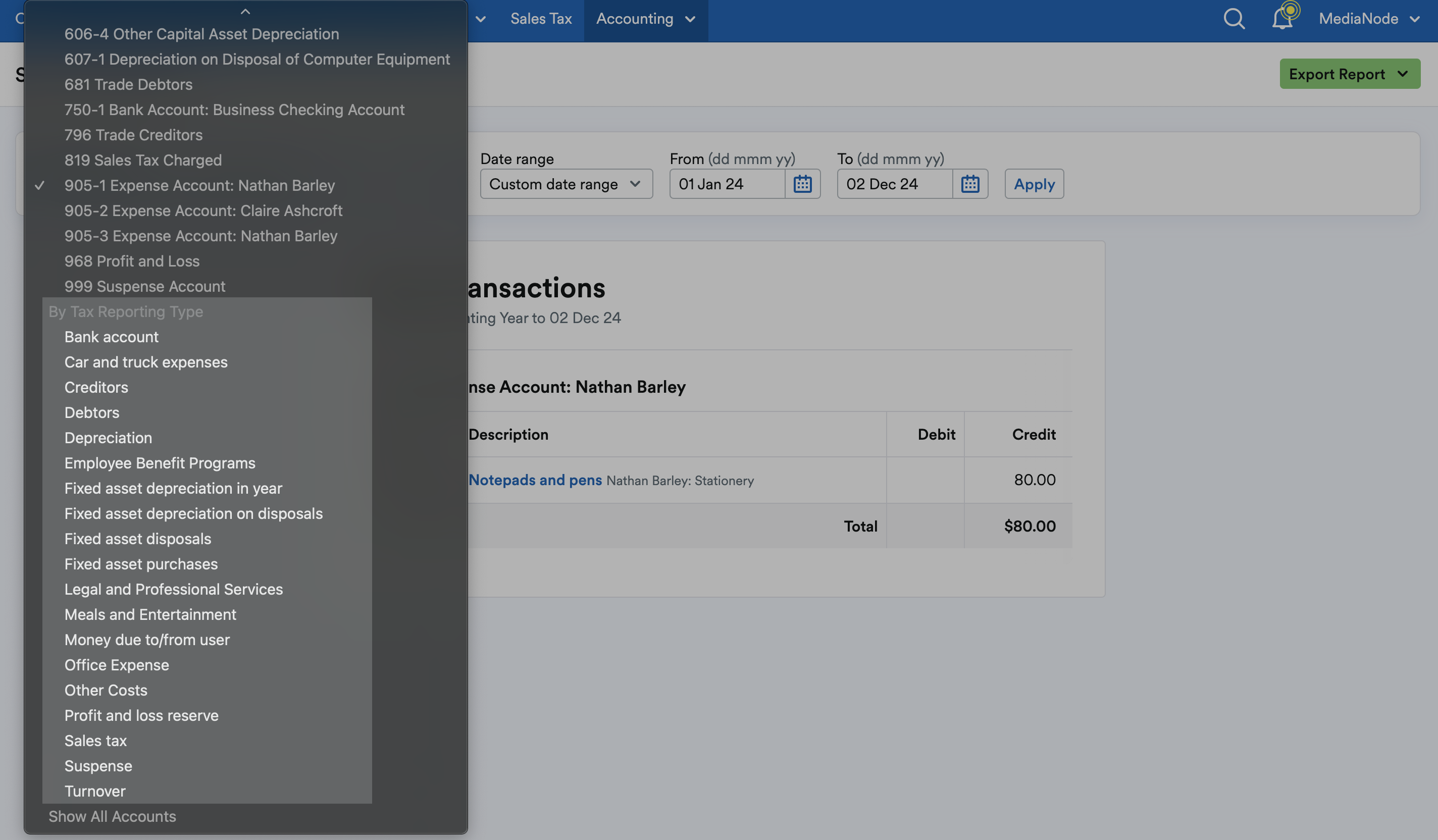 By Tax Reporting Type section of drop down menu highlighted.
