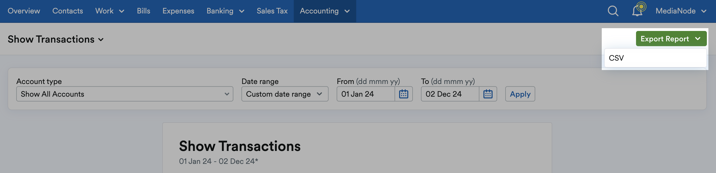 Export Report drop down menu showing CSV as the only option.