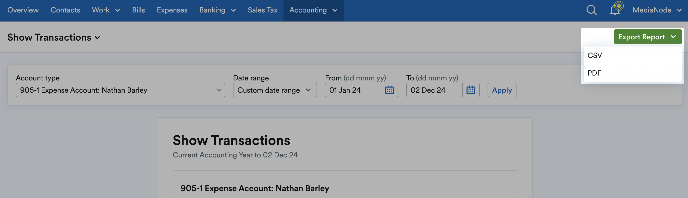 Export Report drop down menu showing options for CSV and PDF.