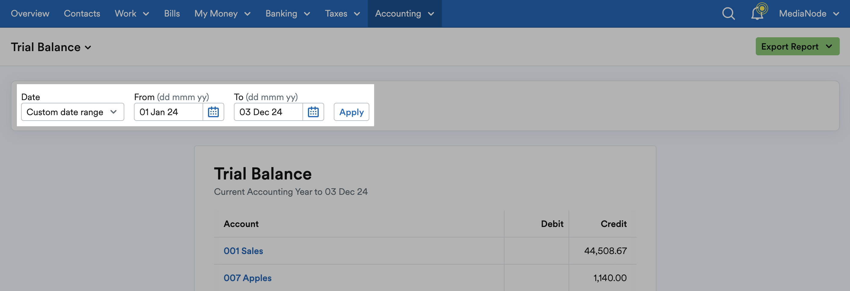 Custom date range option with date pickers for From and To dates.