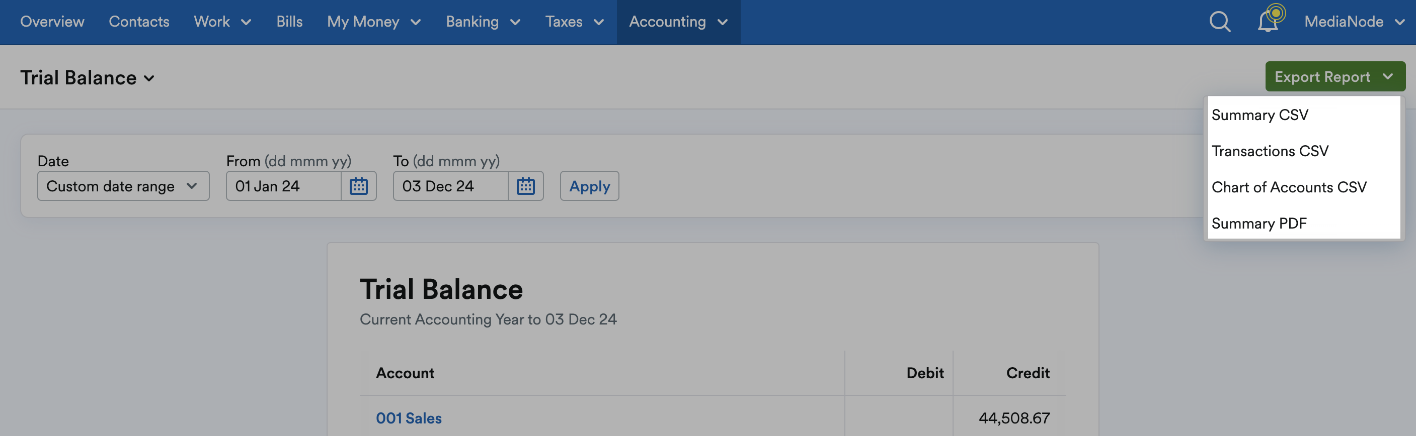 Drop down menu listing export options.