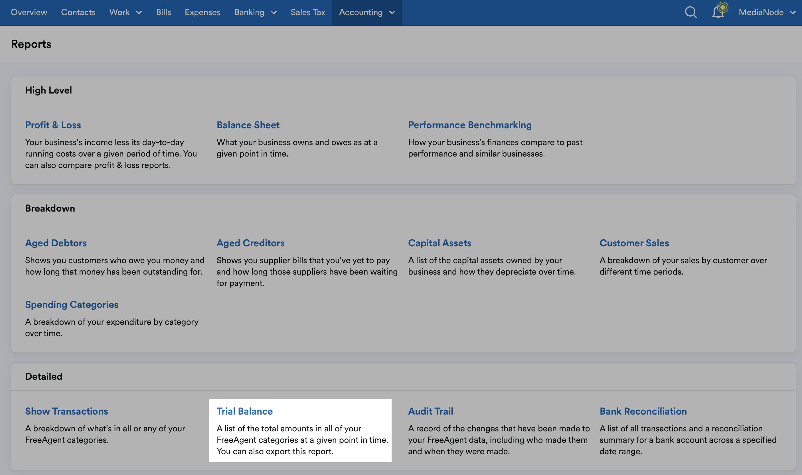 Trial Balance highlighted in Detailed section on Reports page.