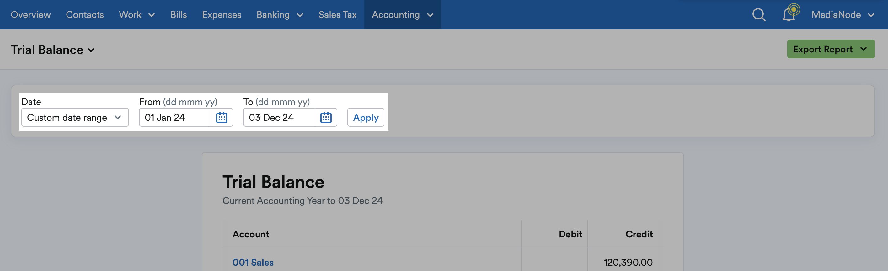 Custom date range options with date pickers for From and To dates.