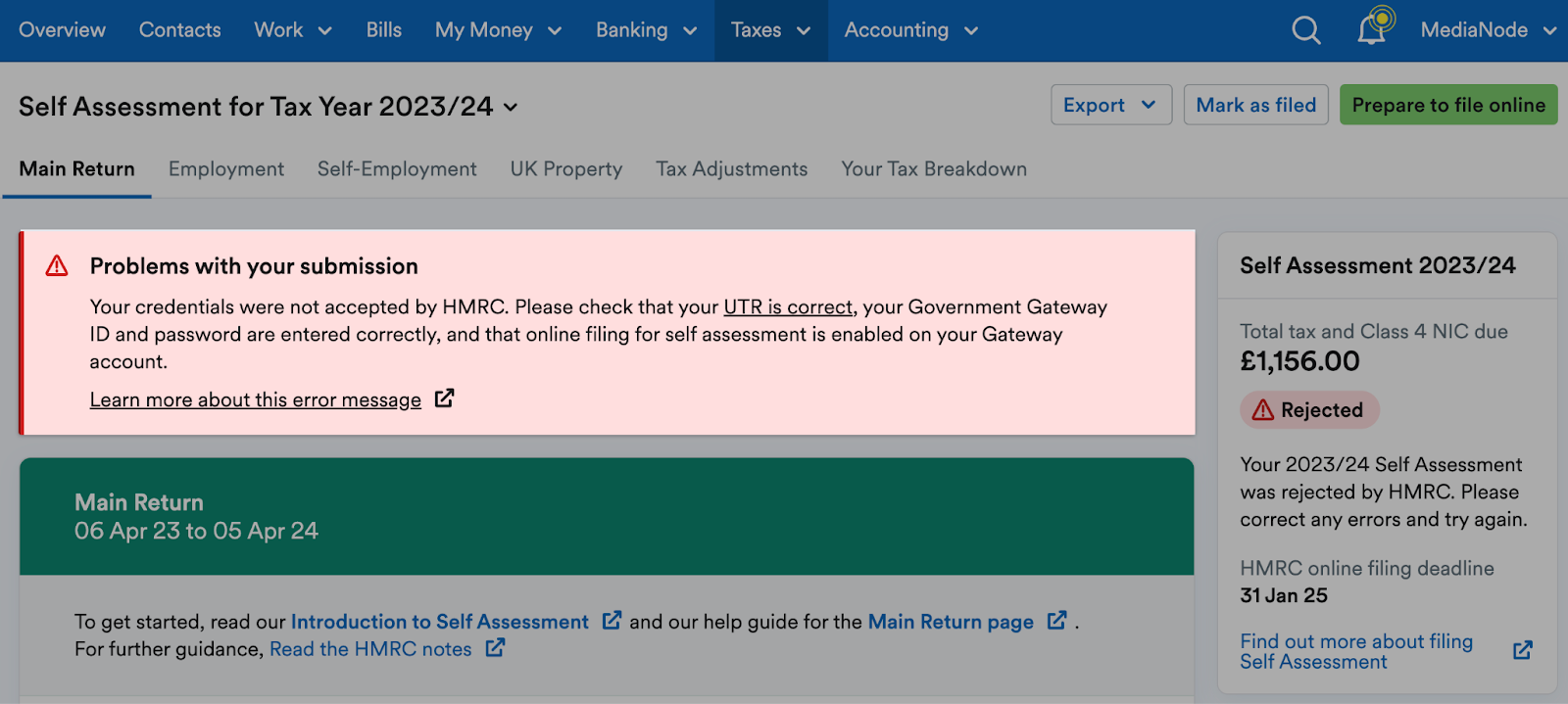 Status showing as 'Rejected' within the panel to the right of the return.