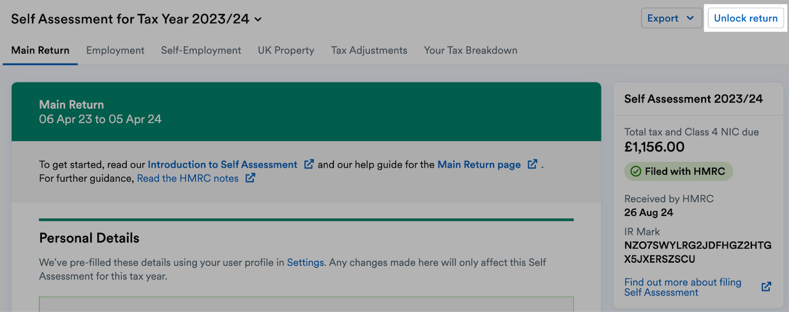 'Unlock return' button highlighted in the top-right corner of the return.