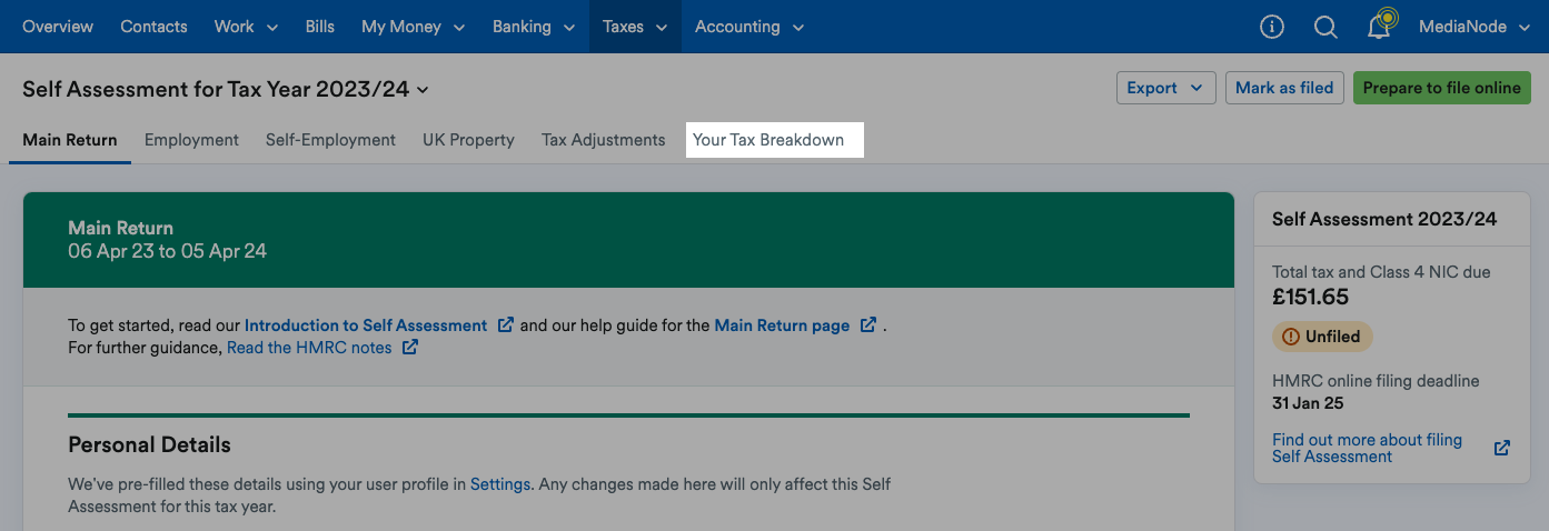 Your Tax Breakdown tab highlighted
