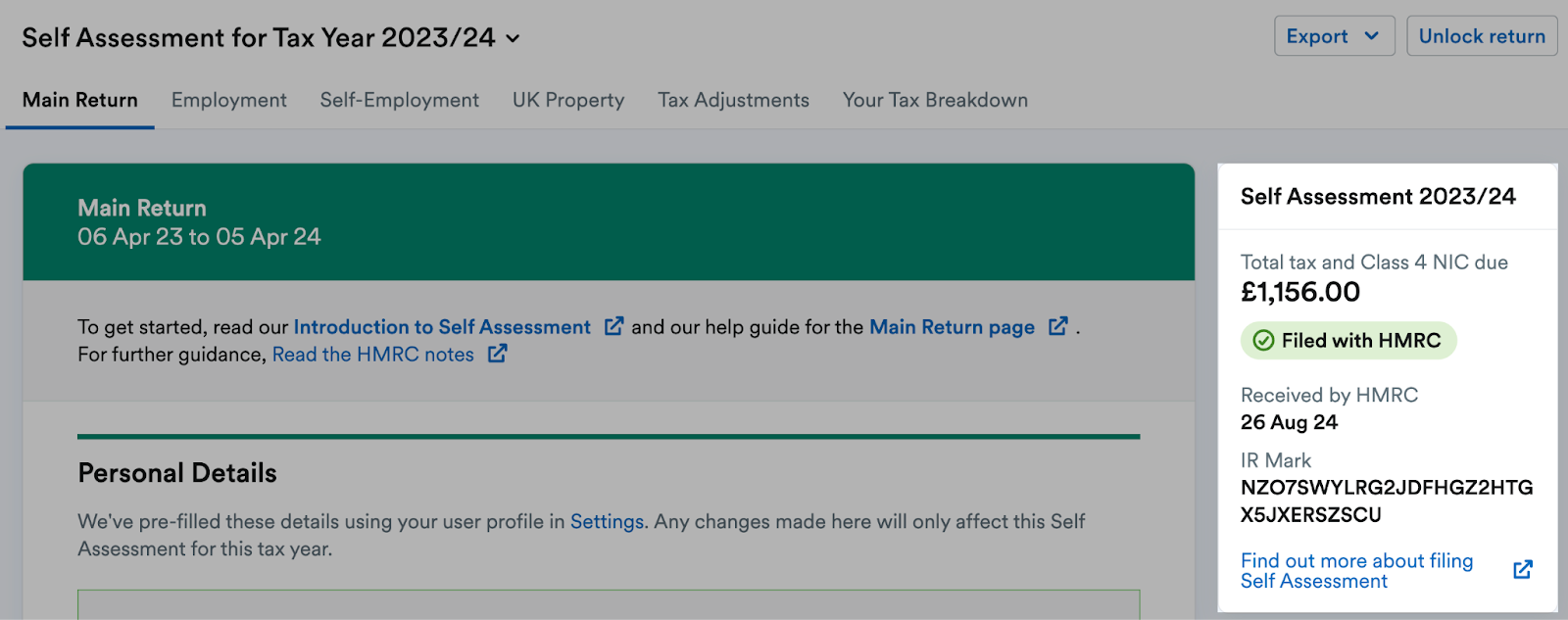 Status showing 'Filed with HMRC' highlighted within panel to the right of the return.
