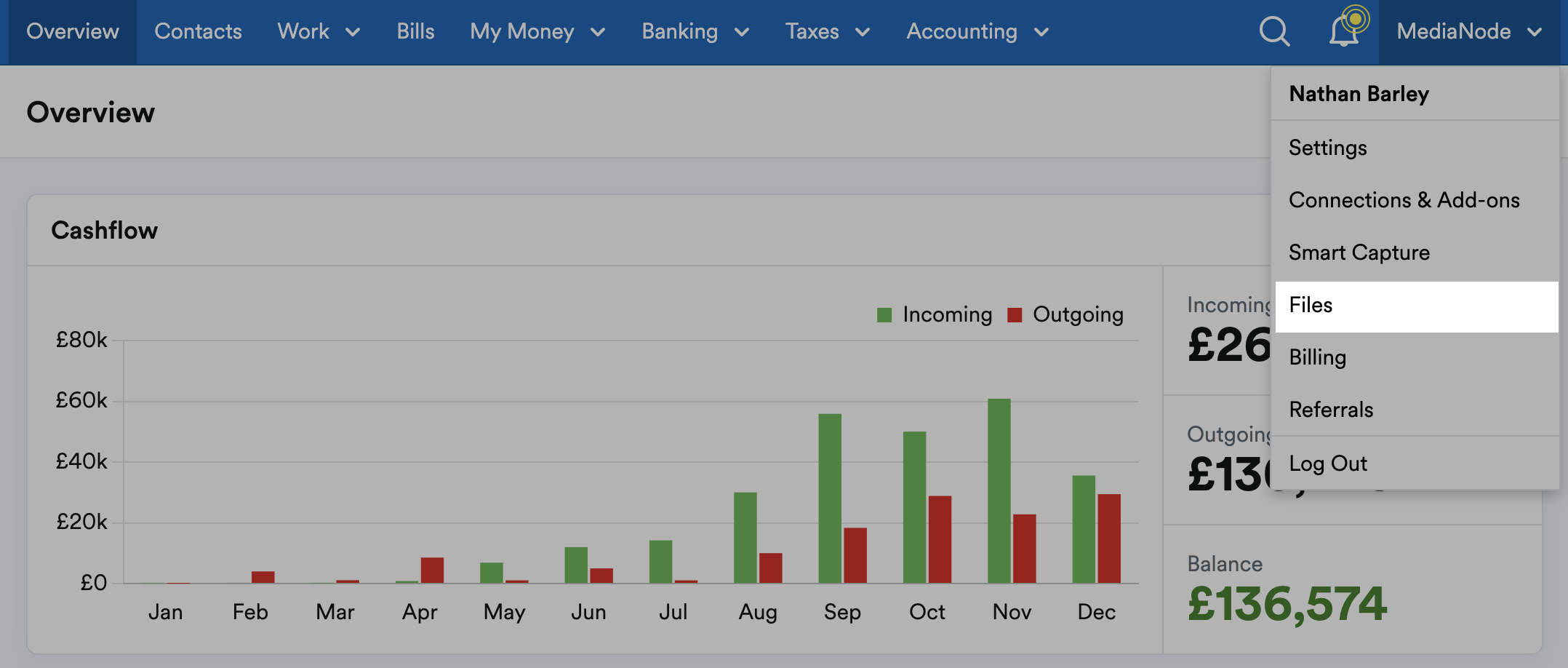 Drop-down menu below business name with Files highlighted