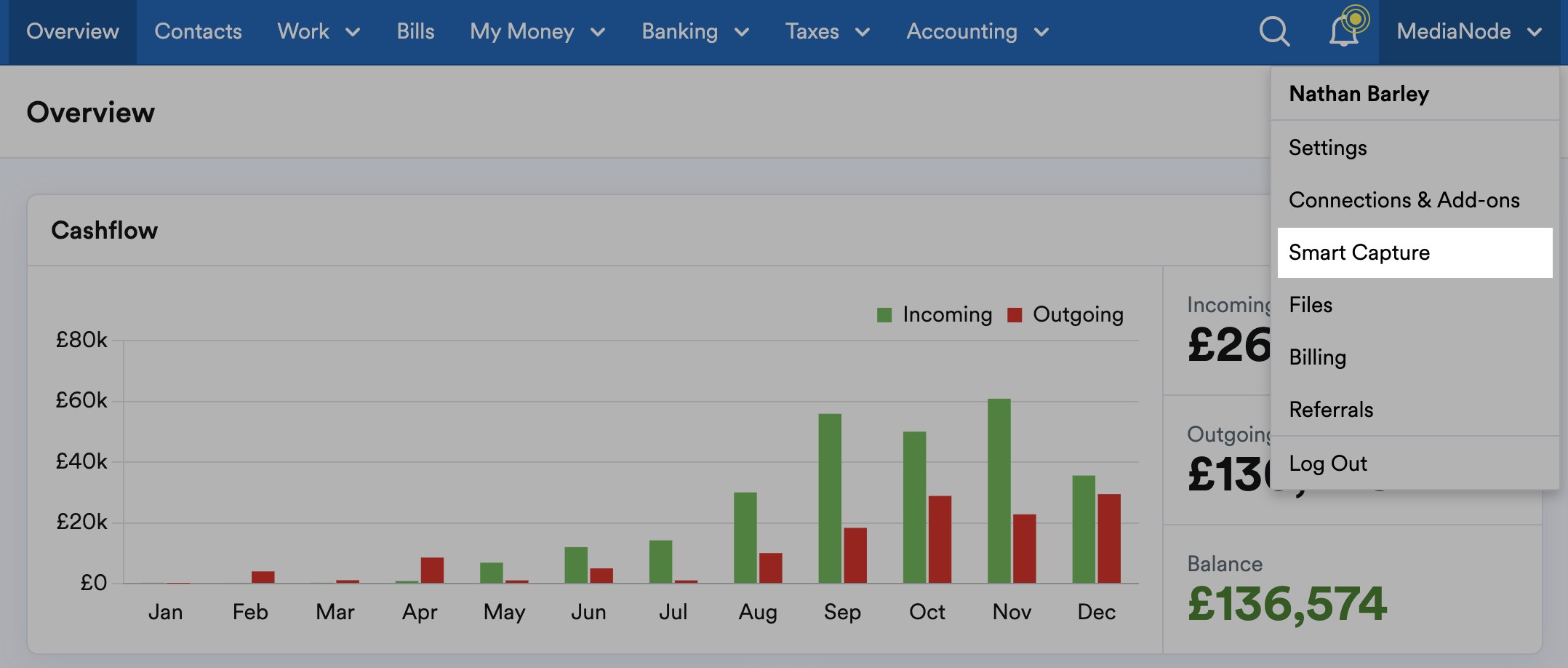 Smart capture highlighted on drop down menu under business name.