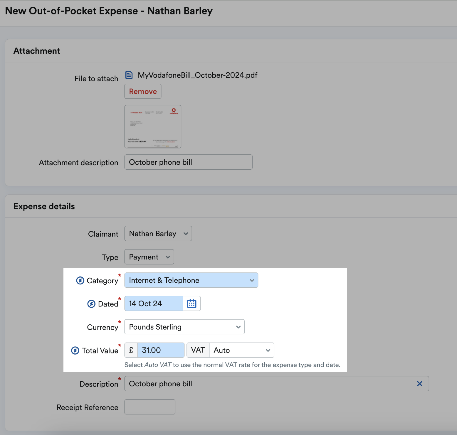 Expense details section on New out of pocket expense page.