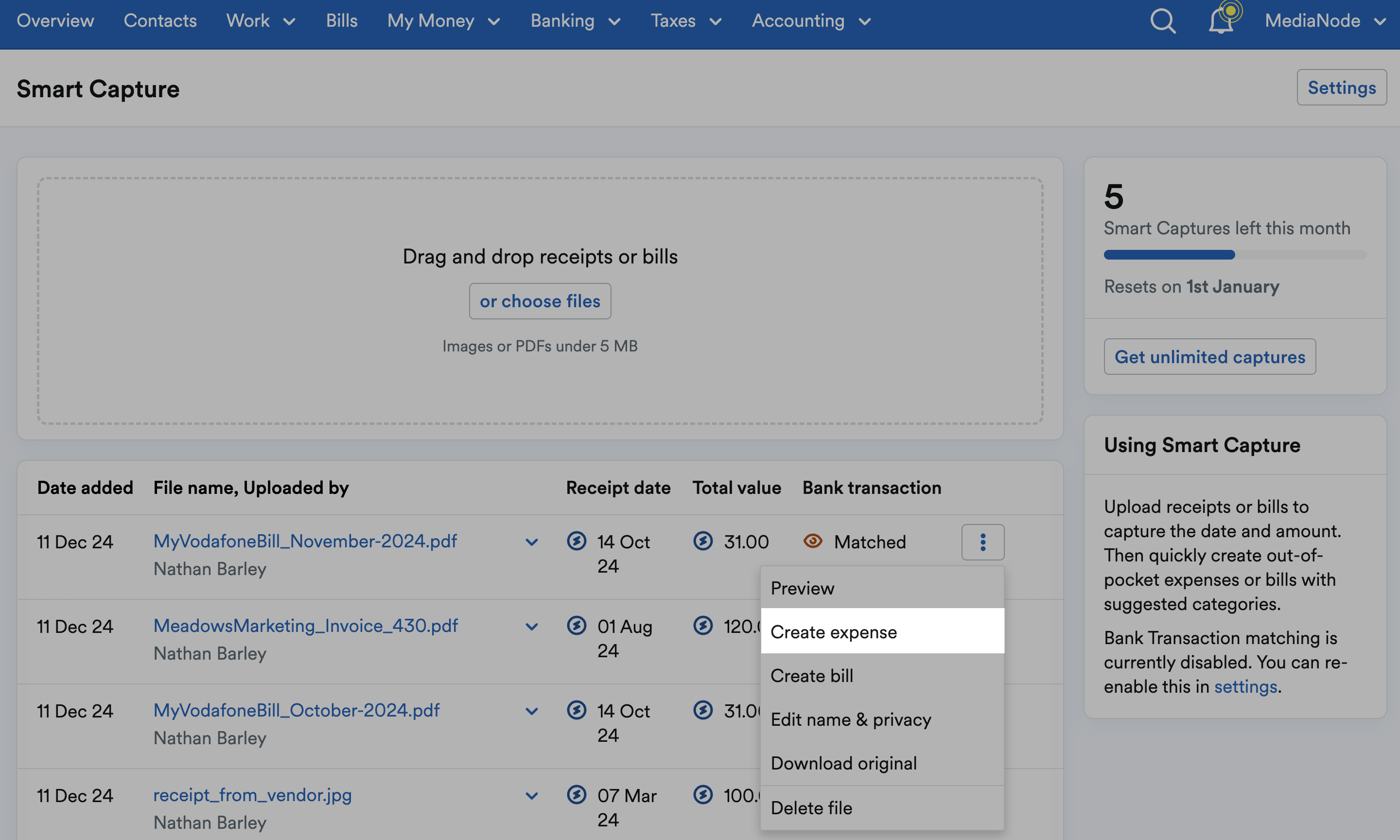 'Create expense' highlighted on drop down menu.