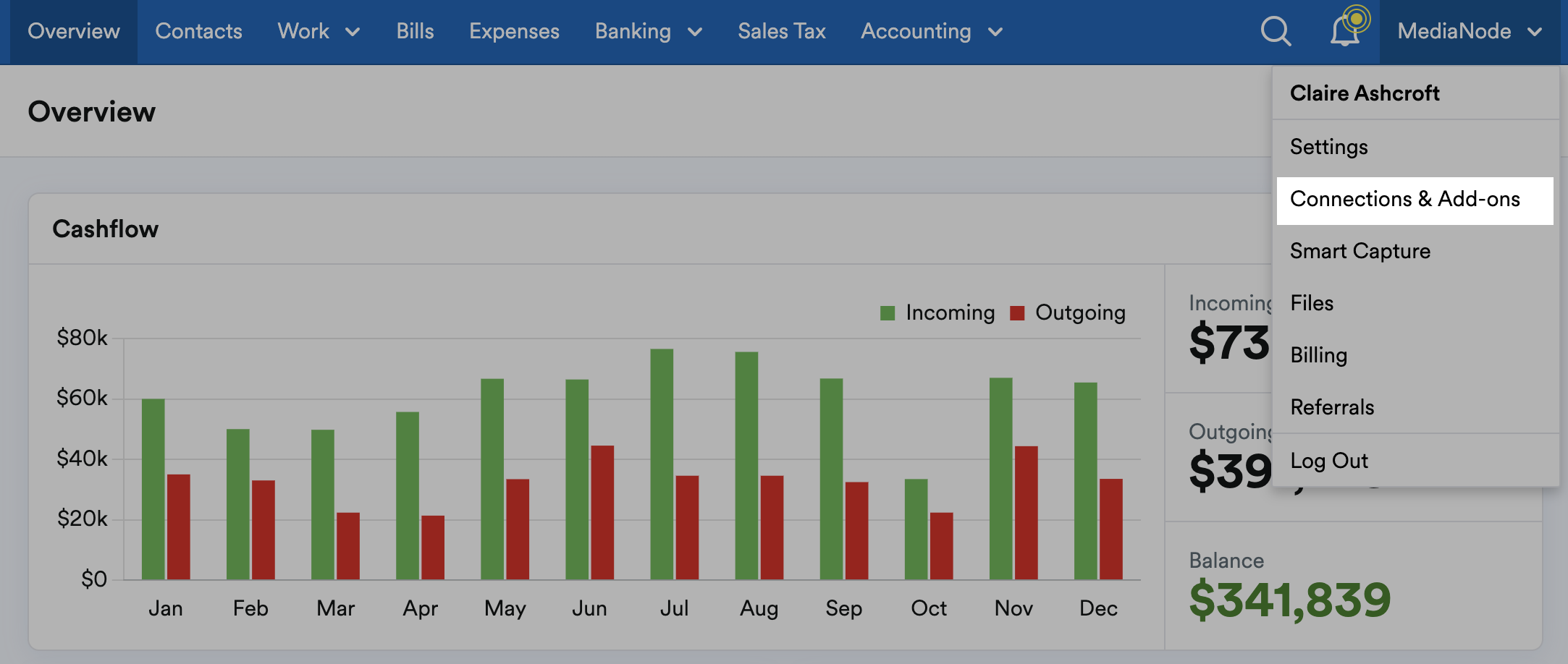 'Connections and Add-ons' highlighted in drop down menu under business name.