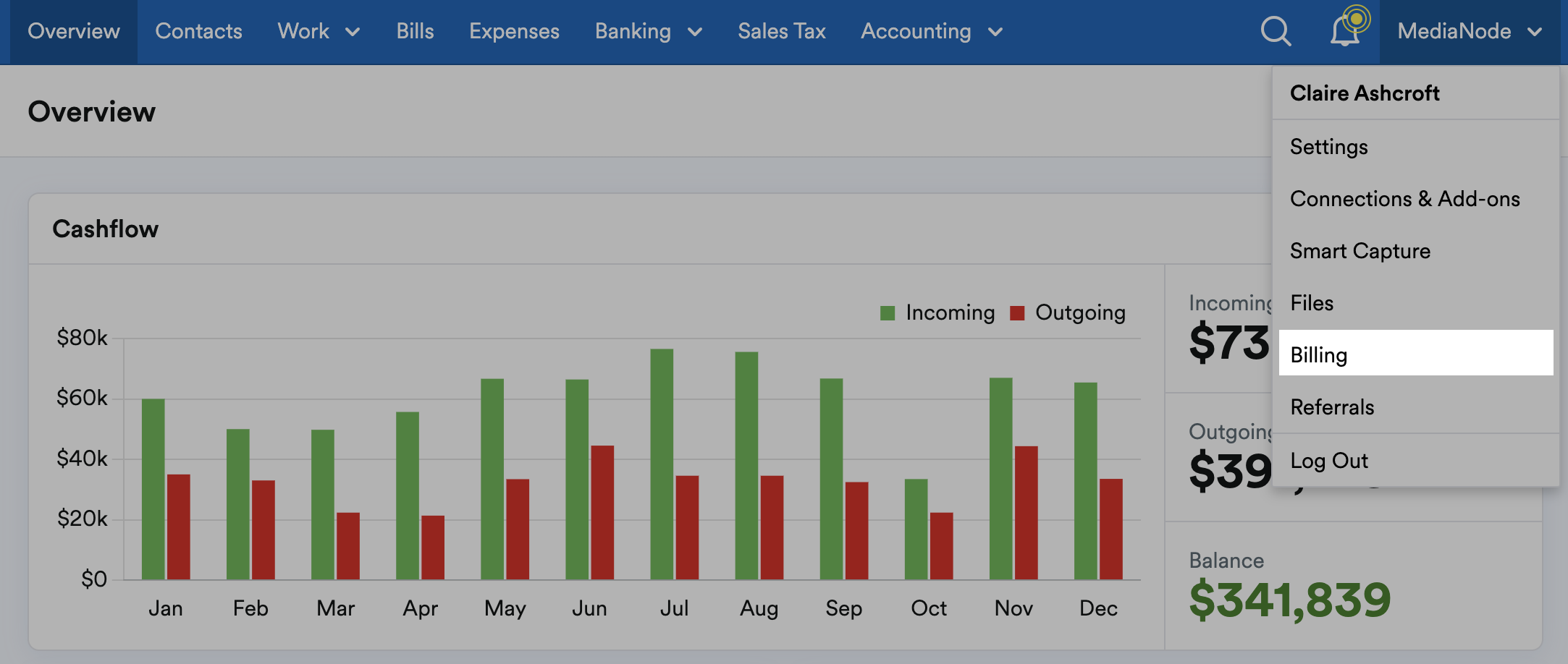 'Billing' highlighted on drop down menu under business name.