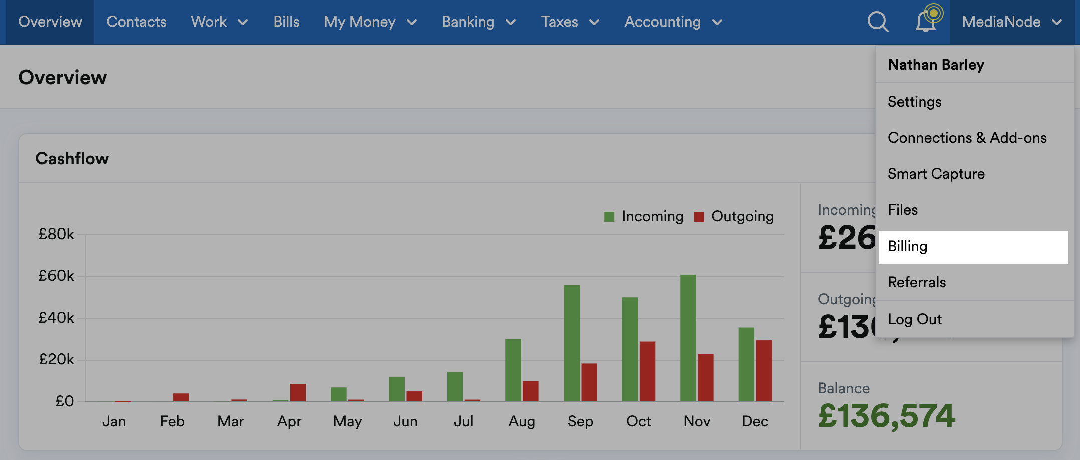'Billing' highlighted on drop down menu under business name.