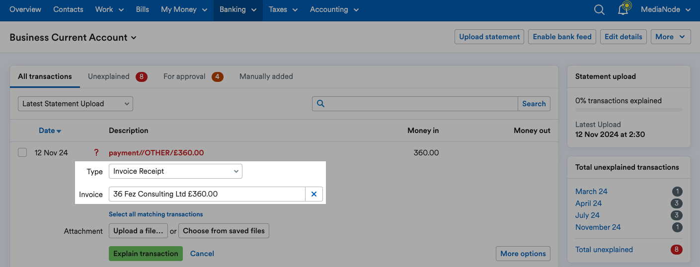 Type of Invoice Receipt selected with an invoice.