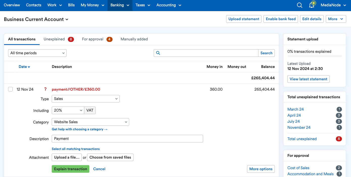 Transaction showing explained as Sales.