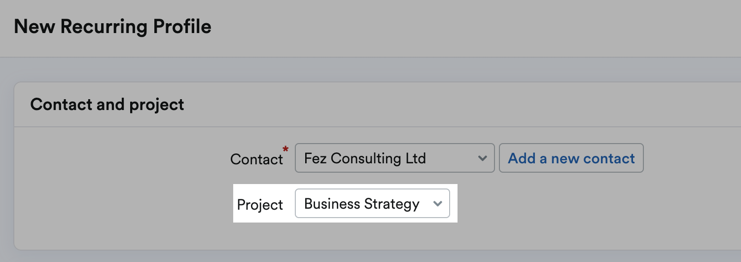 Project selected from drop down menu on New Recurring Profile page.