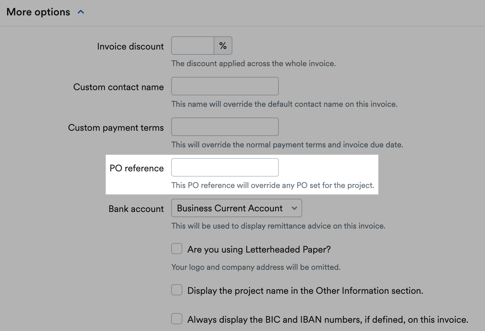 PO reference highlighted in More options section.
