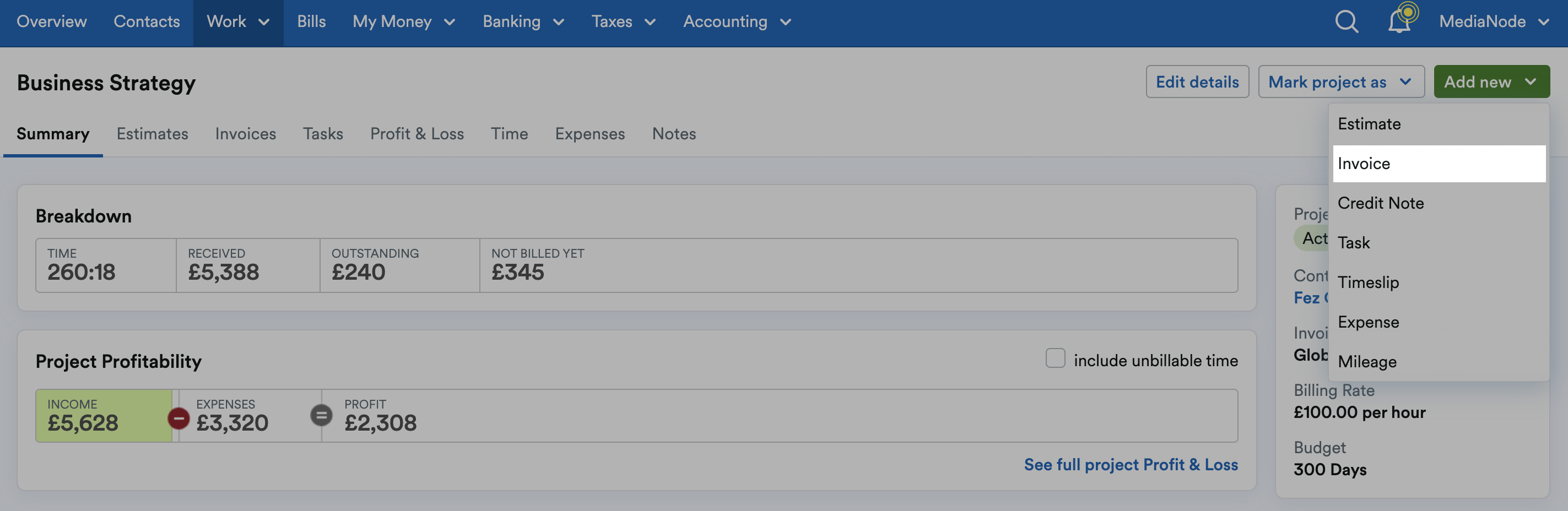 'Invoice' highlighted on 'Add new' drop down menu on Project page.