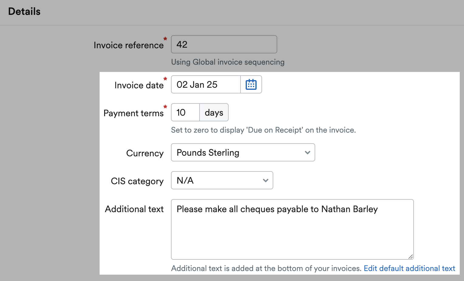 Invoice date, payment terms, currency, CIS category and Additional text box in Details section.
