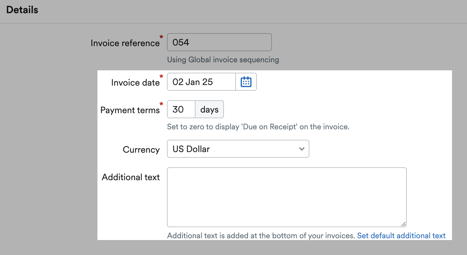 Invoice date, payment terms, currency, and Additional text box highlighted under Details section.