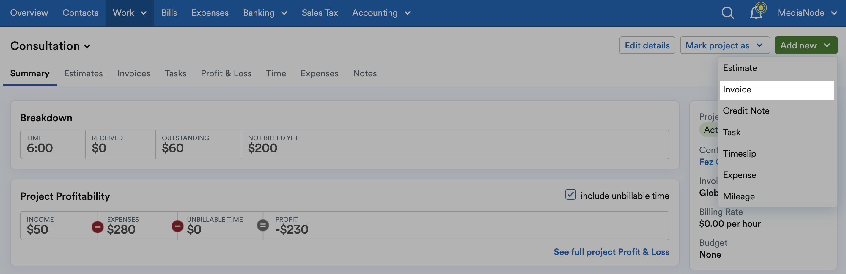 Invoice highlighted on Add new drop down menu.