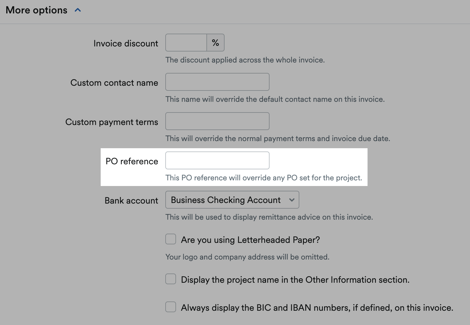 PO reference highlighted under More options section.