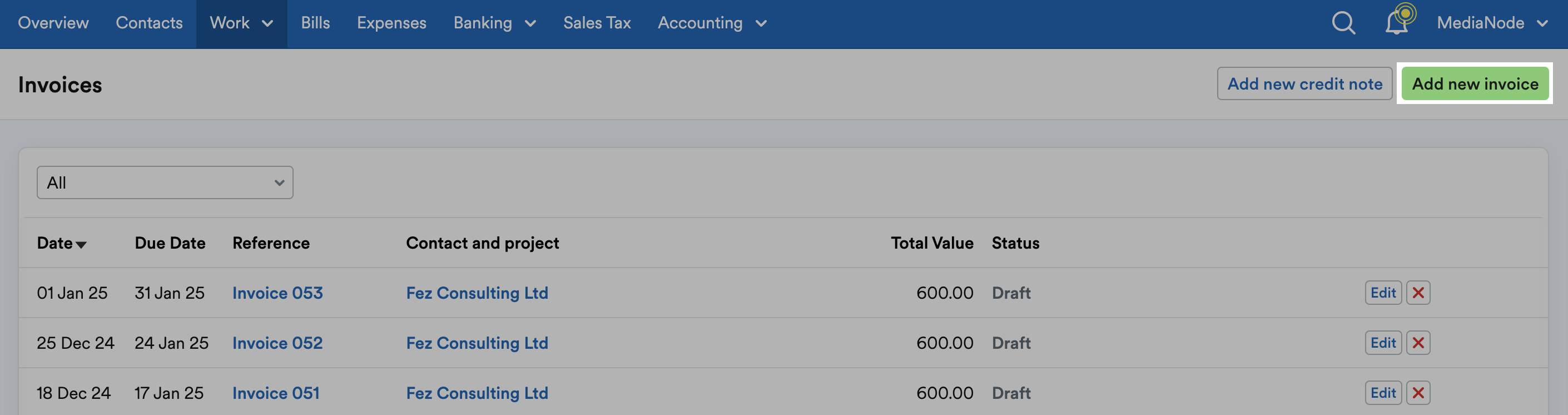 'Add new invoice' button highlighted at top of Invoices page.