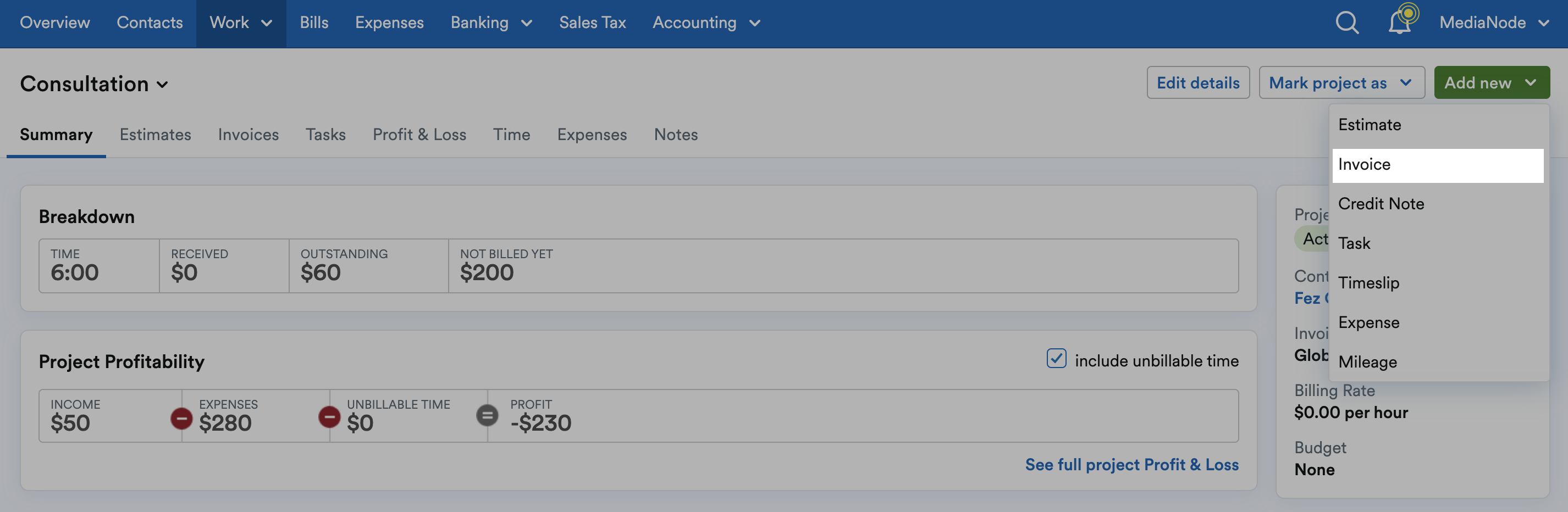 Invoice highlighted on Add new drop down menu.