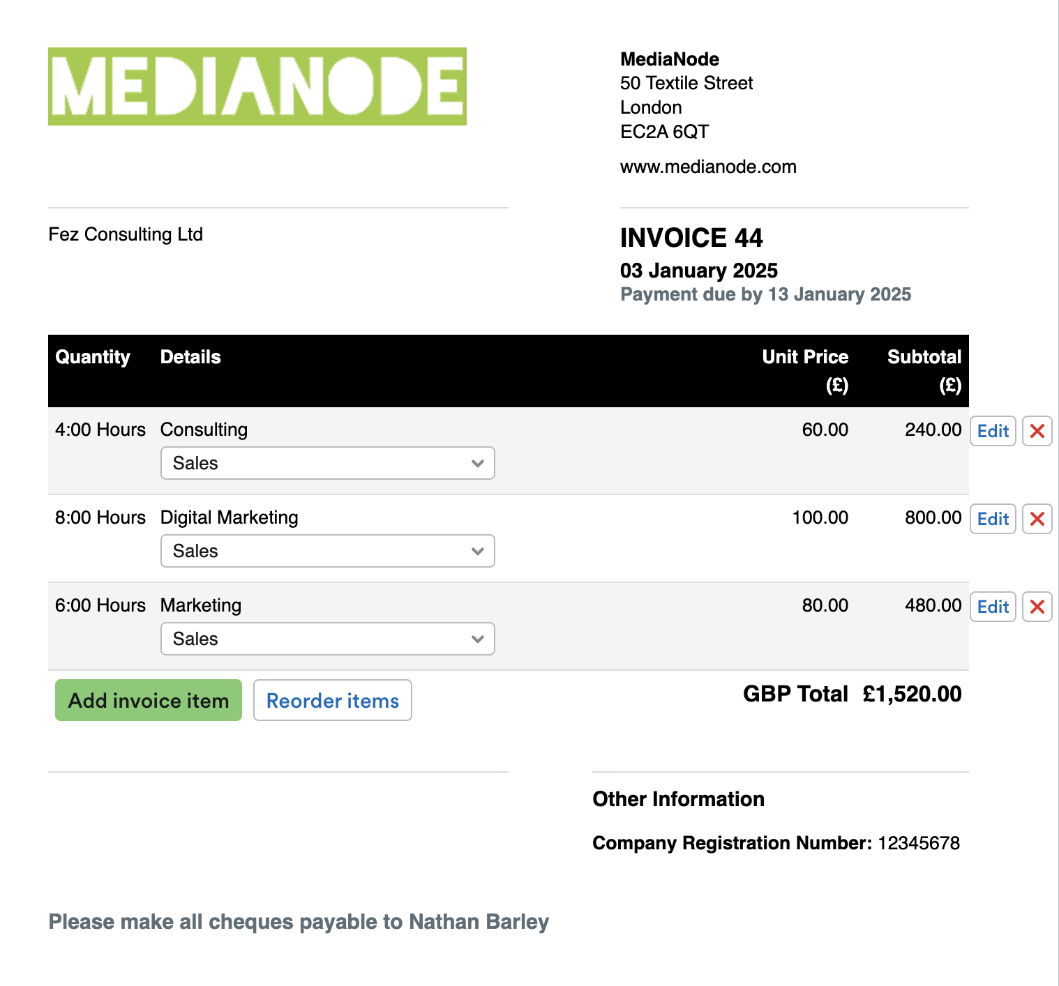 New example invoice showing timeslips grouped by task.