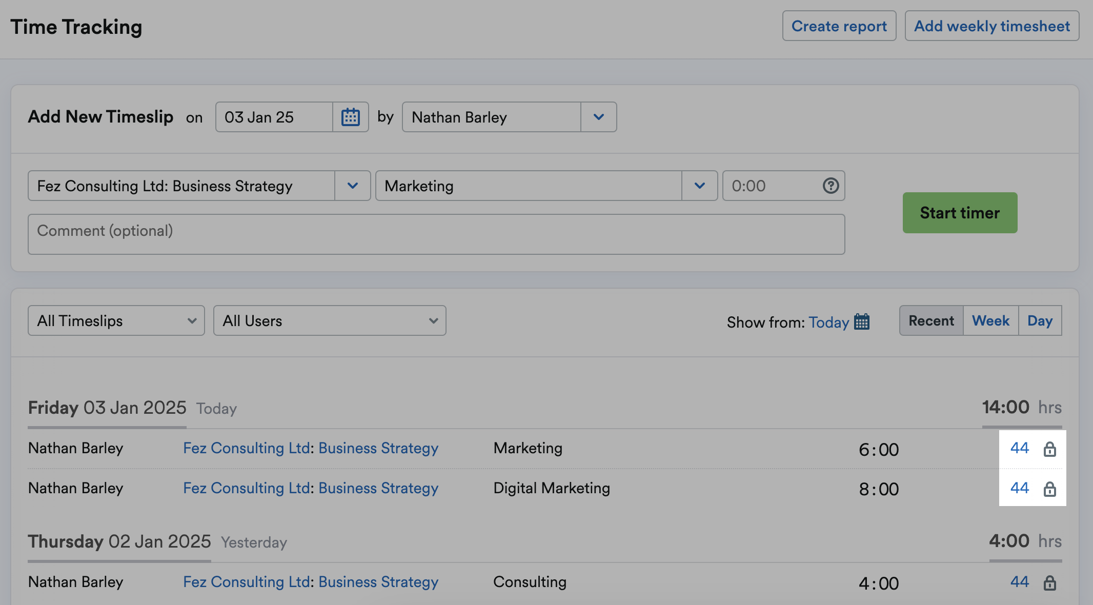 Lock symbol next to invoices listed where timeslips are billed.