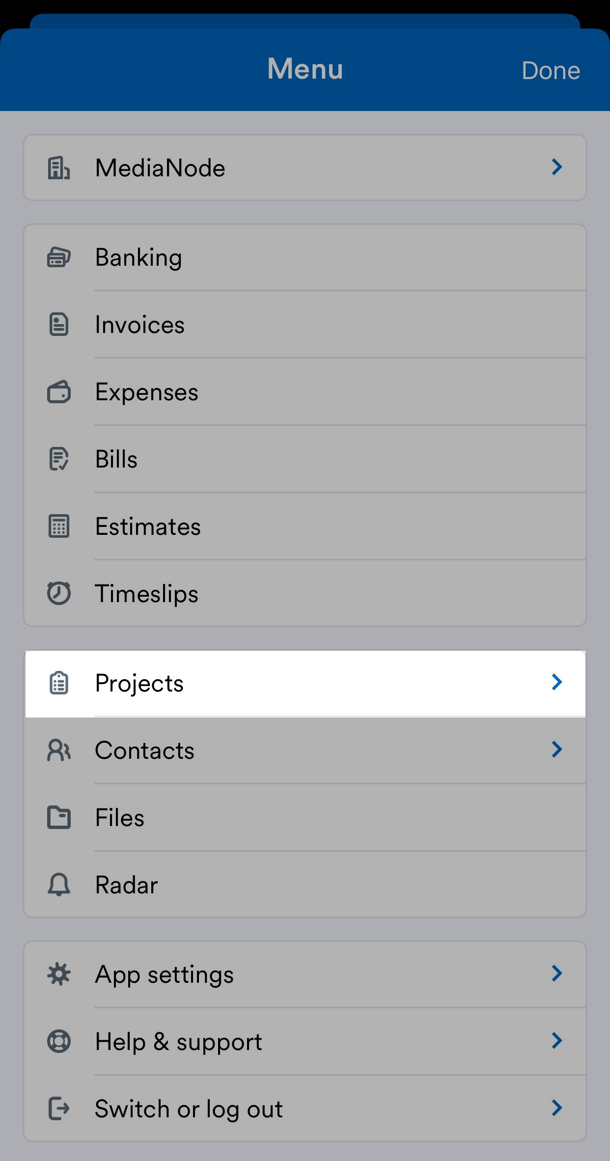 Projects highlighted in mobile app navigation menu.