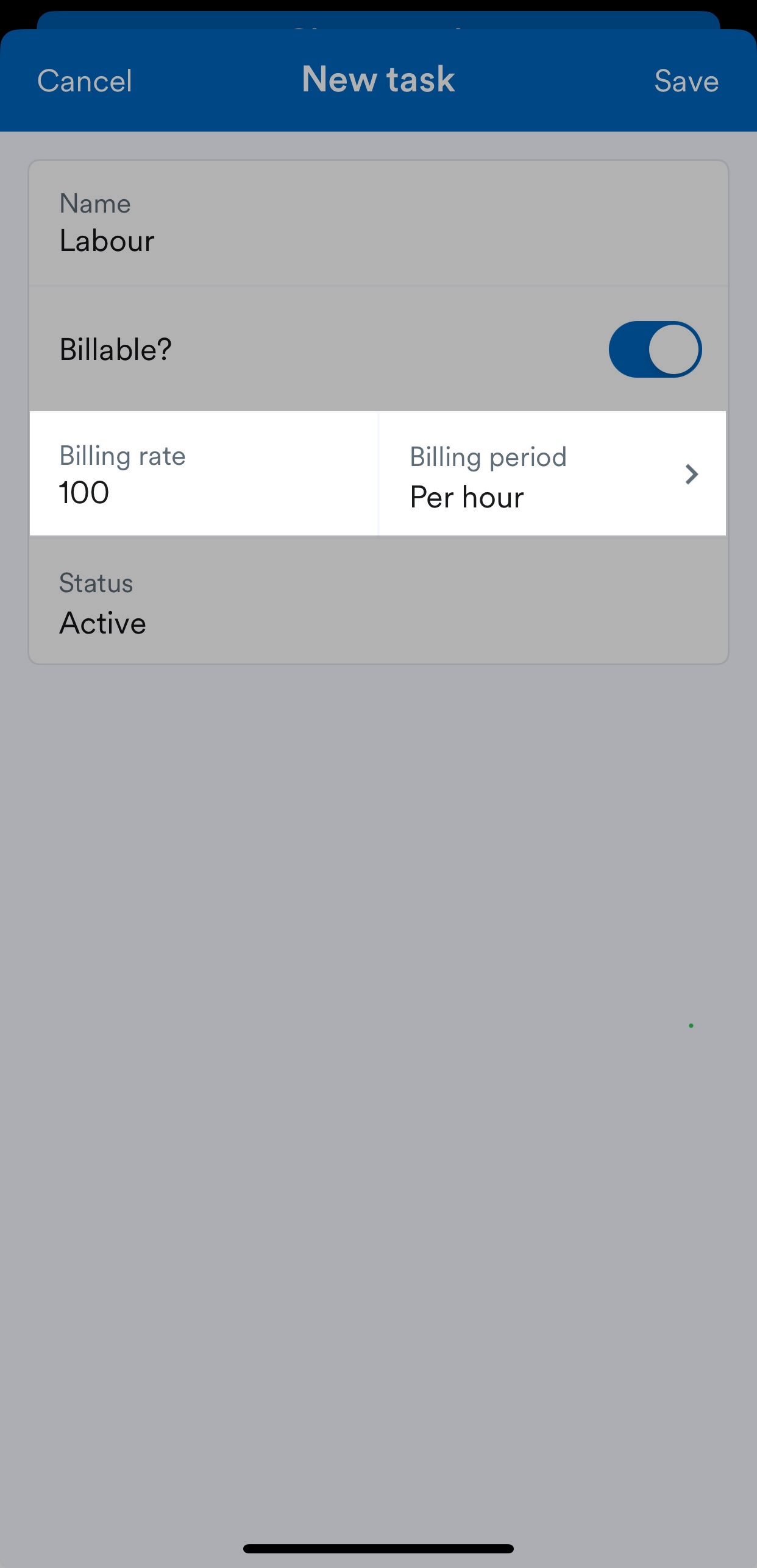 Billing rate and billing period fields highlighted on new task screen