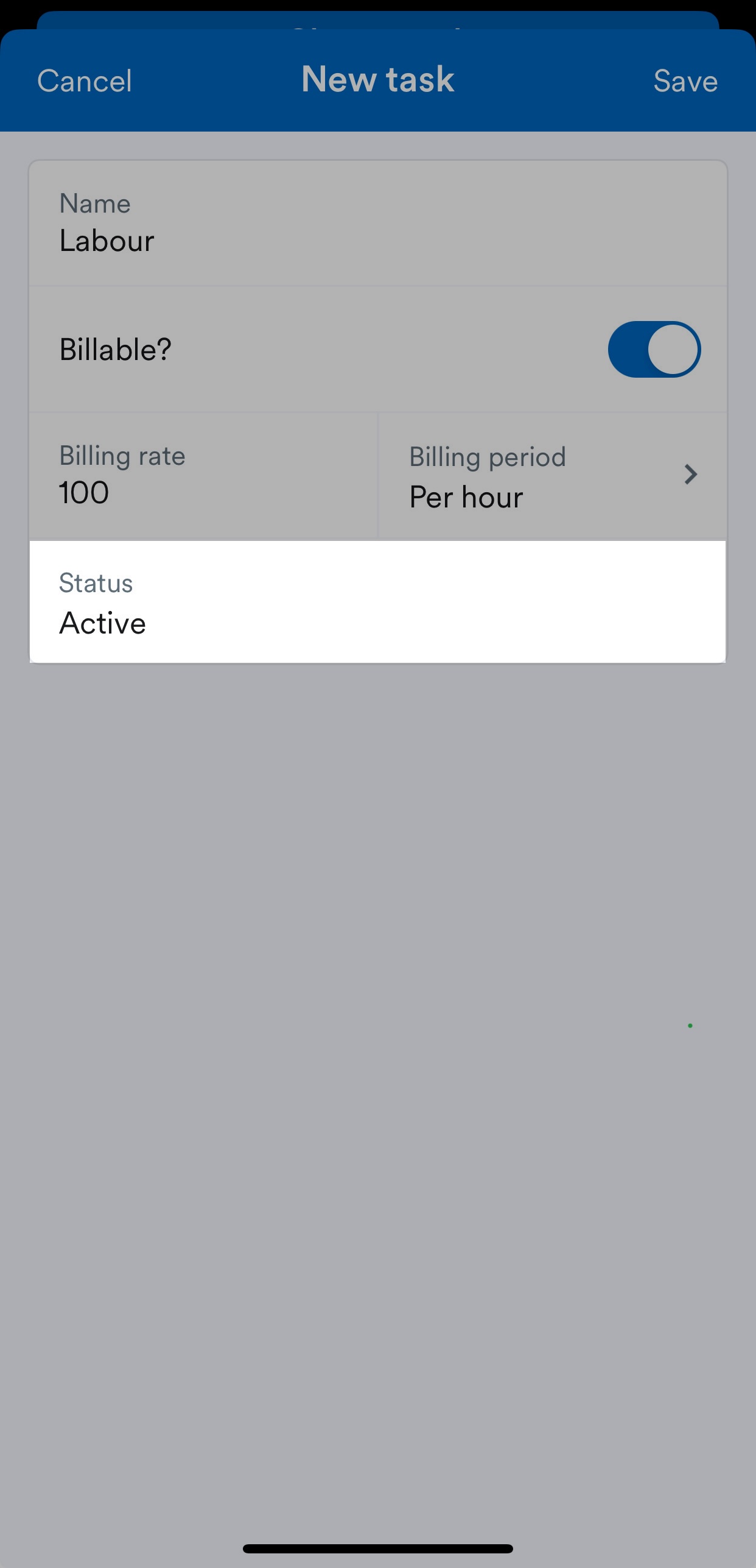 status field highlighted on new task screen