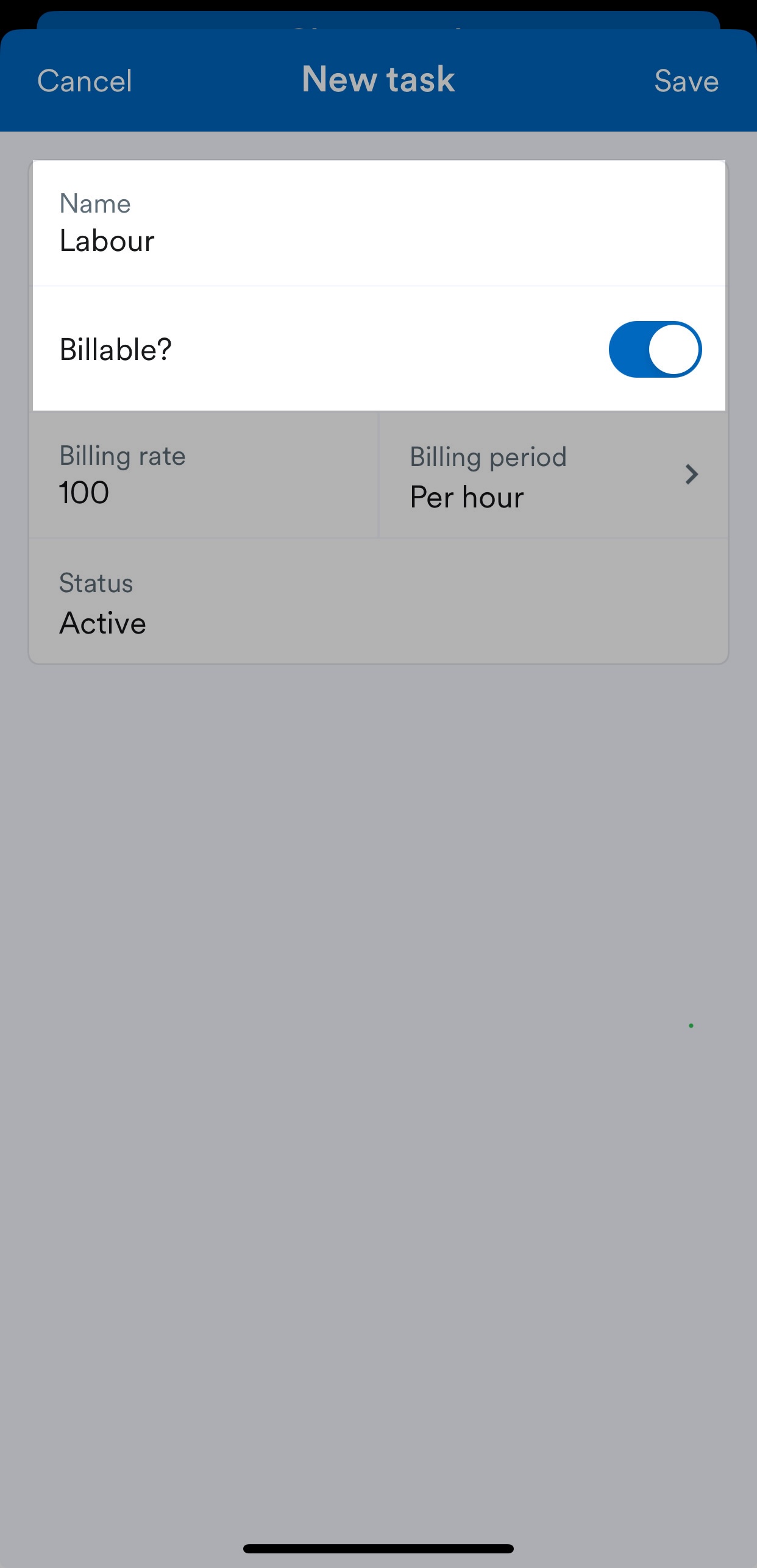 New task screen with name and billable fields highlighted