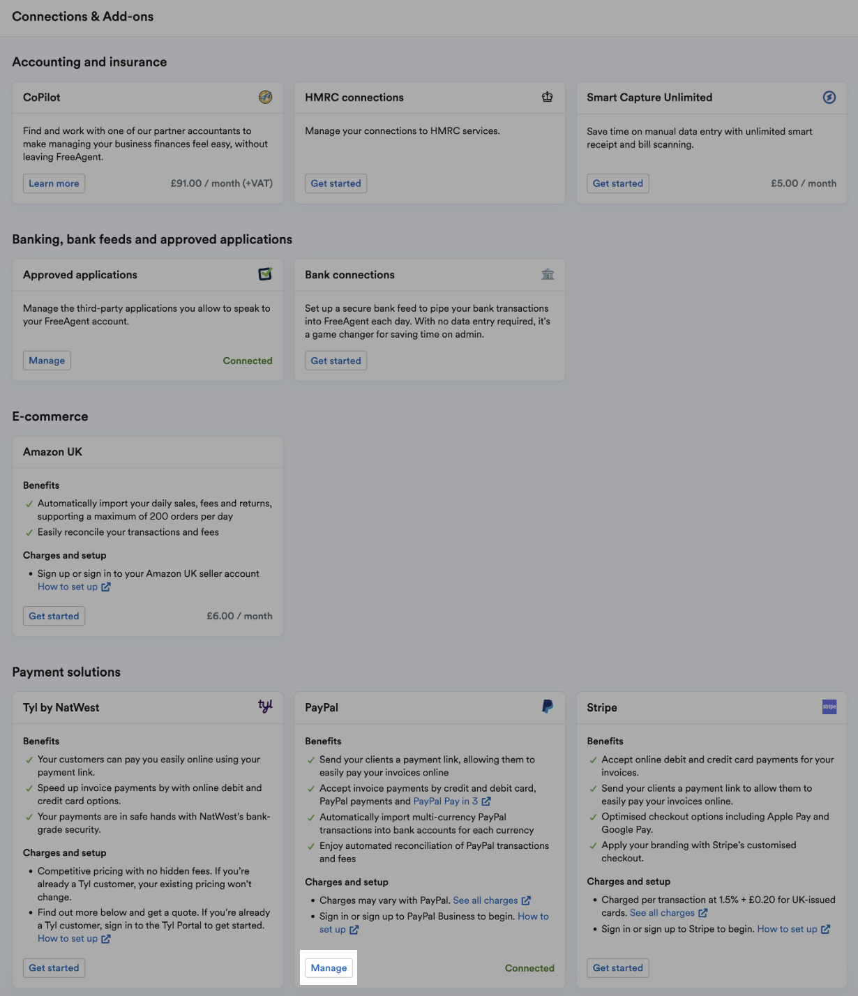 Manage highlighted in PayPal section of connections & add-ons area