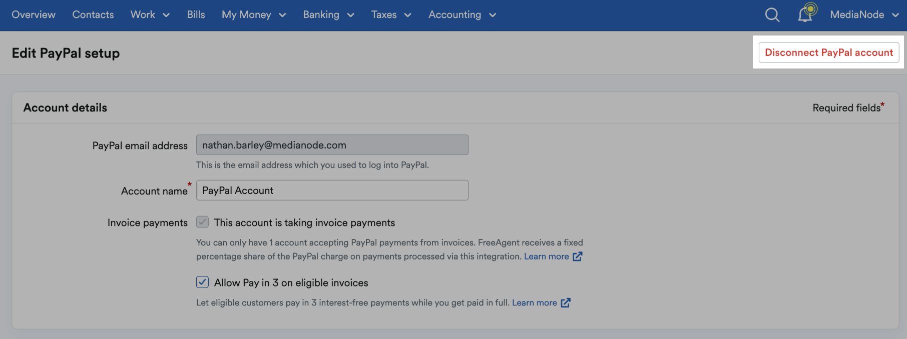 Disconnect PayPal account button highlighted