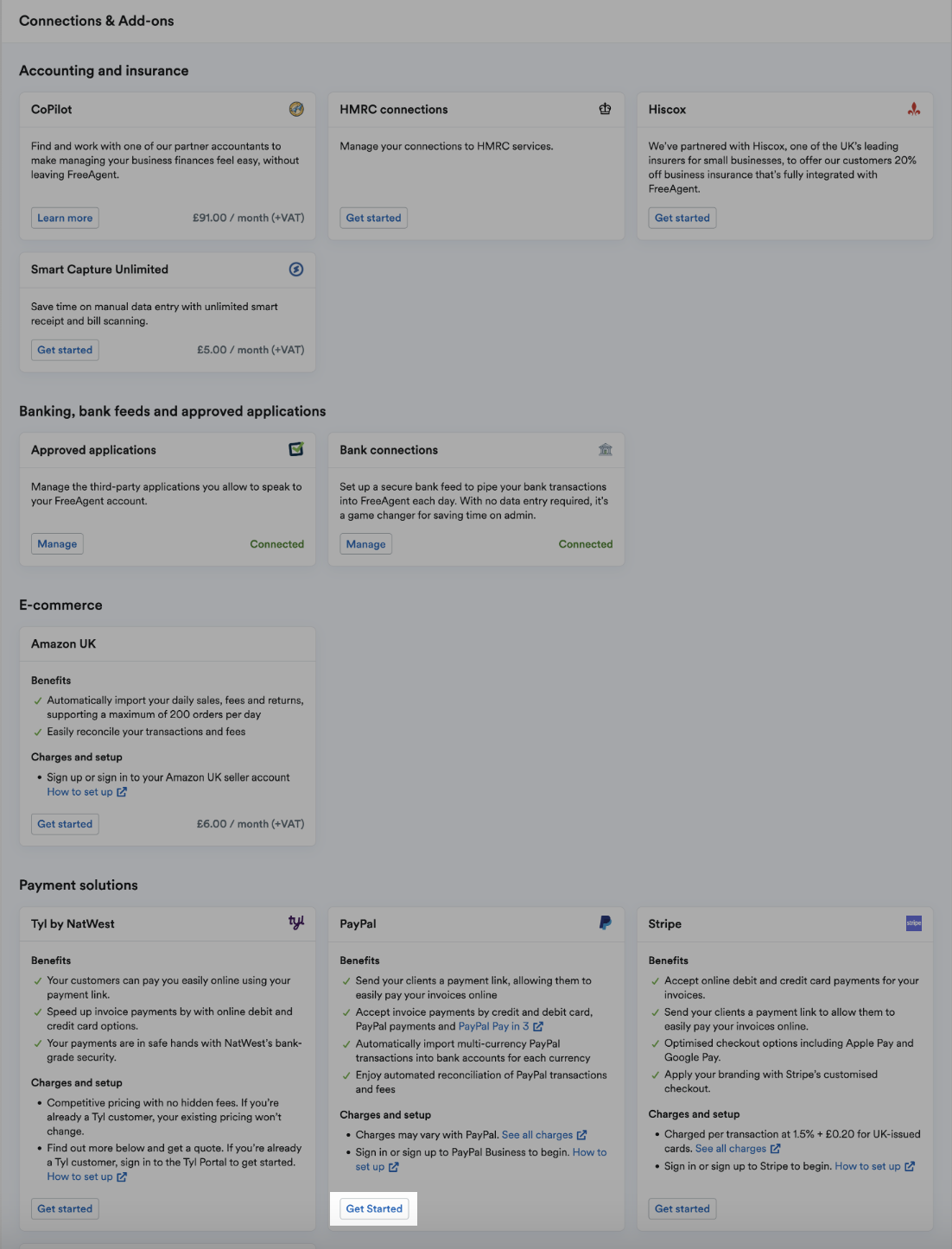 Connections and add-ons area with get started button highlighted for PayPal
