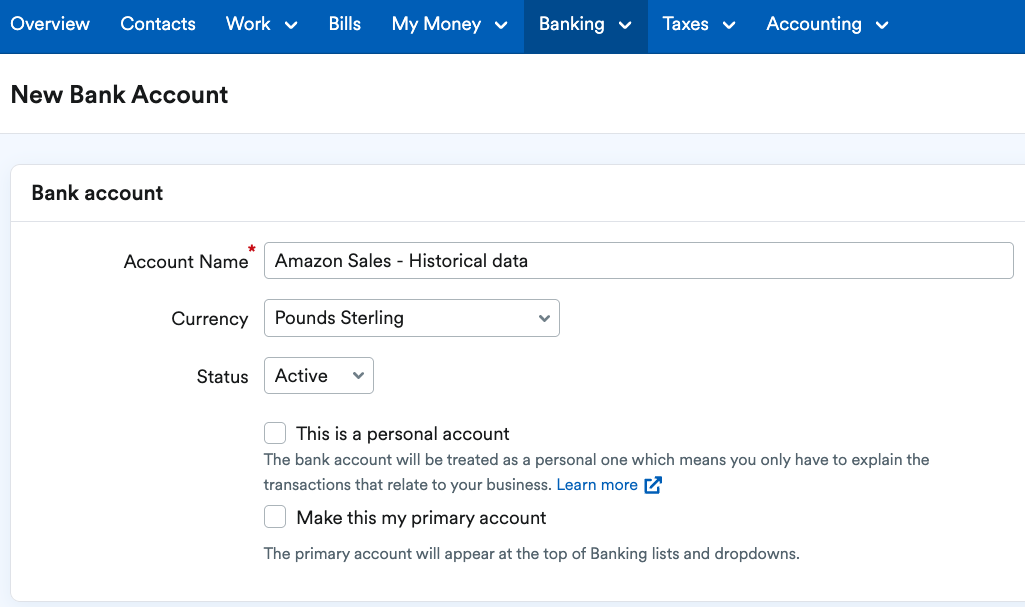 New Bank Account page, showing name of 'Amazon Sales- Historical data'.