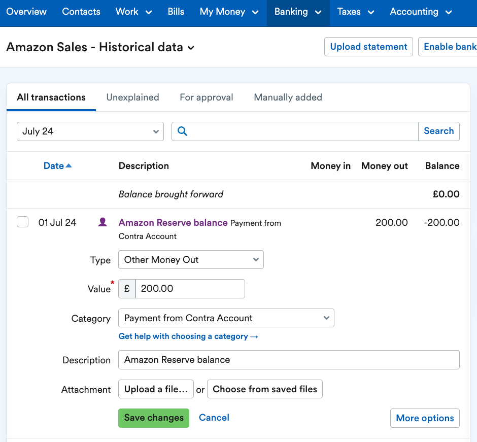 New Amazon account balance of 0.00 after explaining transaction as Payment from Contra Account.