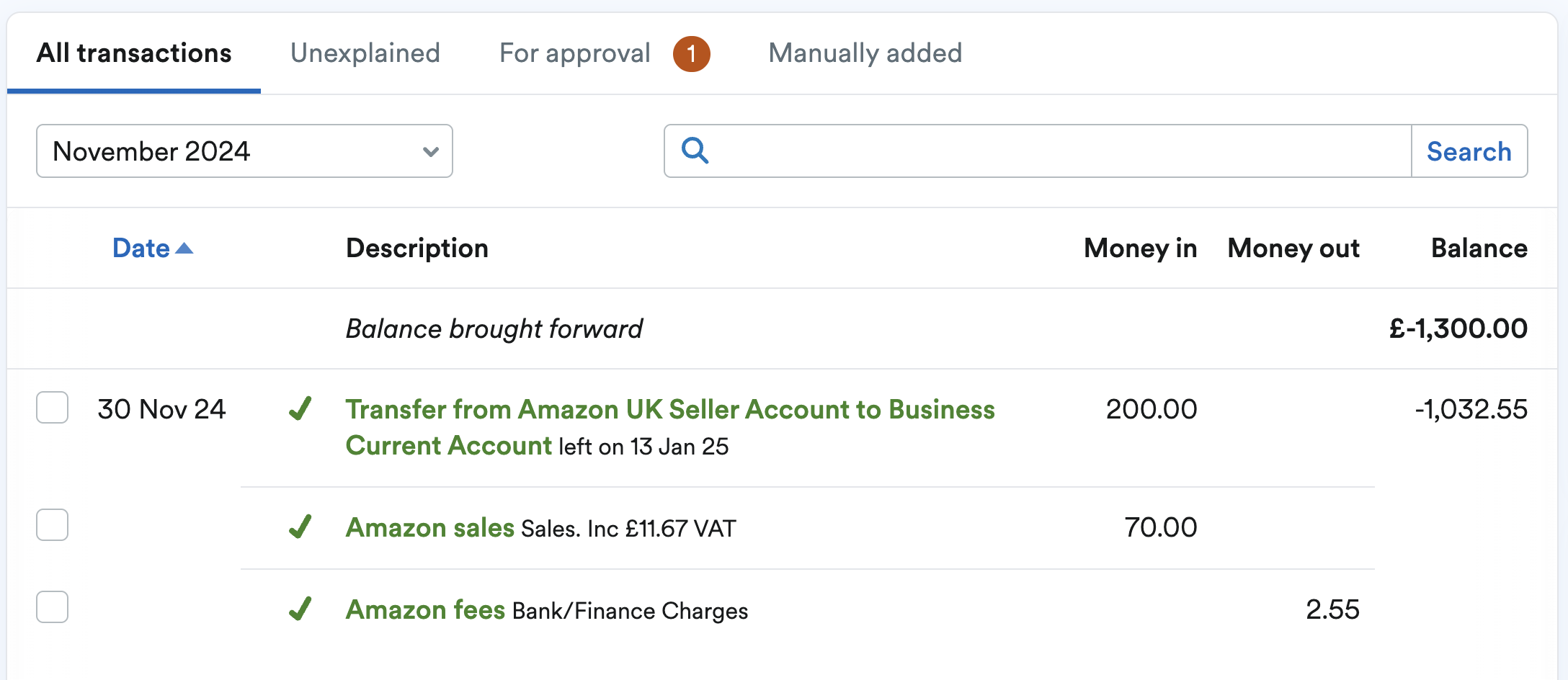 Transaction split for Amazon sales and Amazon fees explained as a transfer from Amazon UK Seller Account.