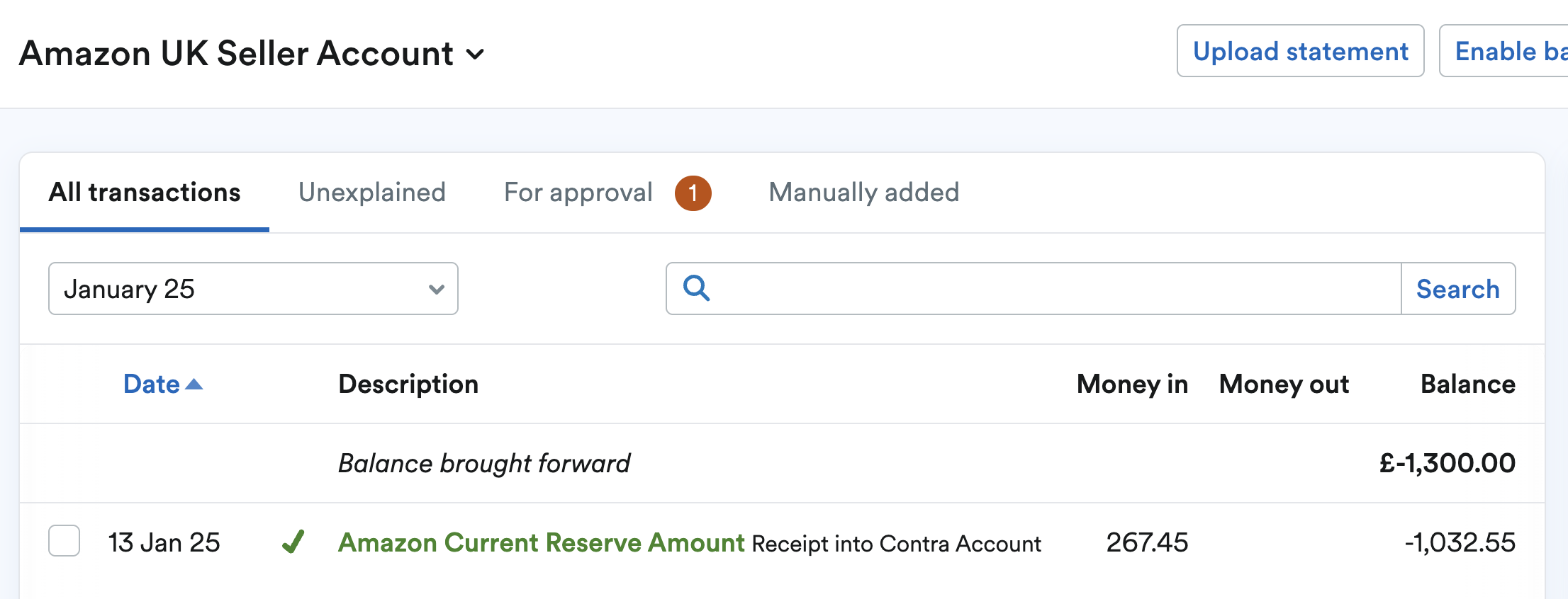 Transaction showing Money in to Contra Account.