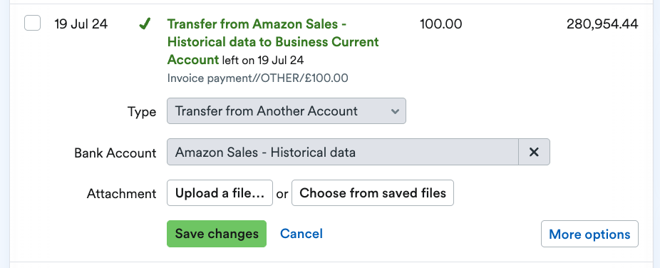 Transaction explained as a Transfer from the Amazon Sales - Historical data account.