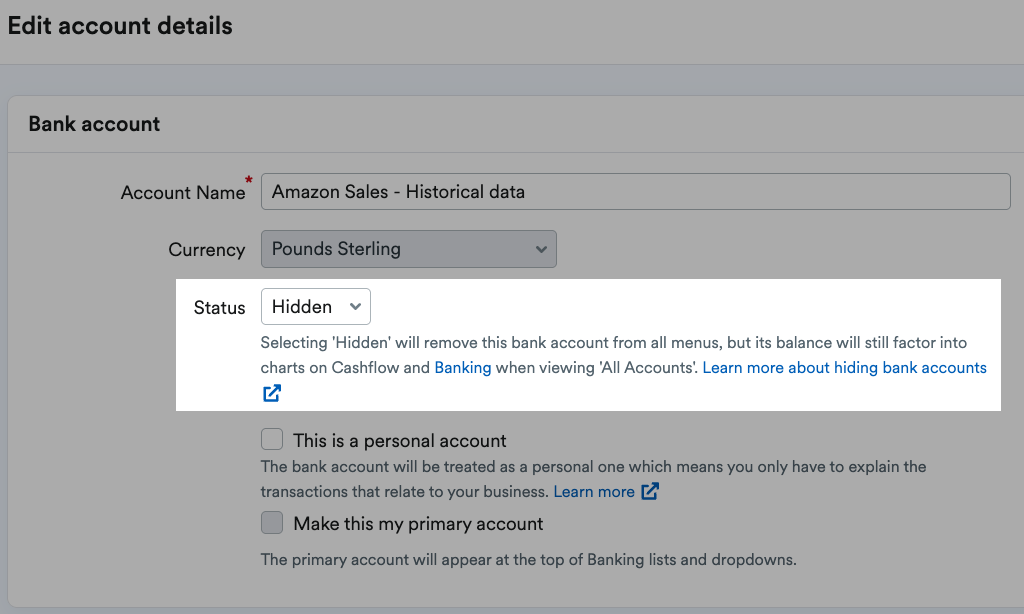 'Hidden' selected as Status for the account.