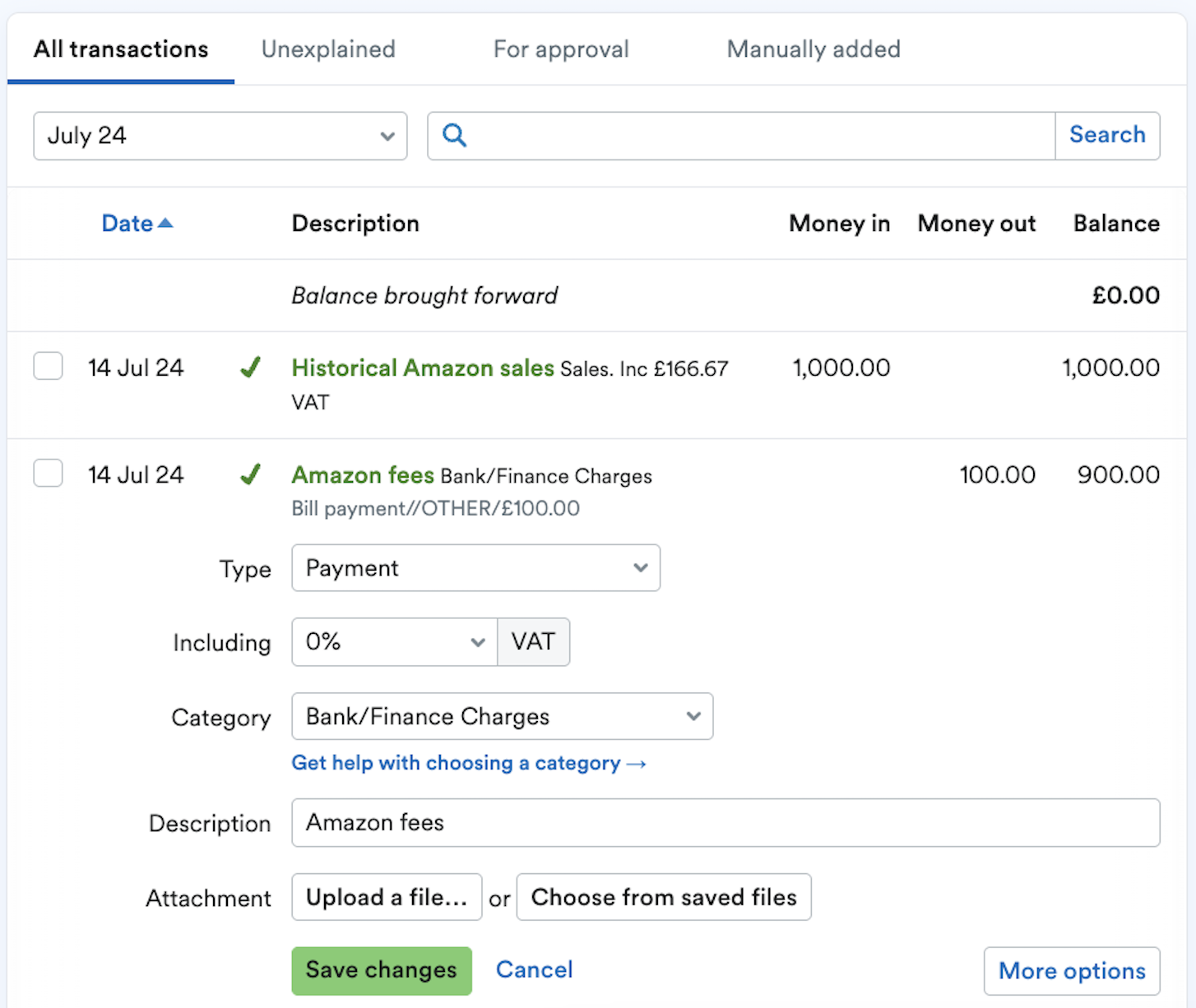Transactions being explained as Amazon fees and Historical Amazon sales.